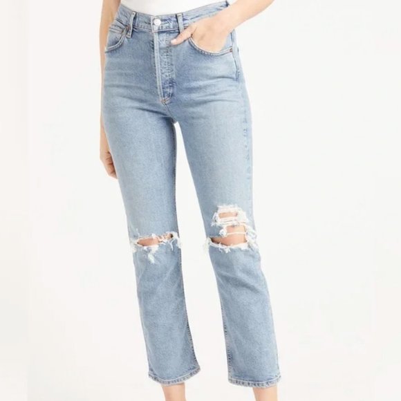 Agolde Denim - Agolde Riley high rise crop button fly distressed jeans size 29